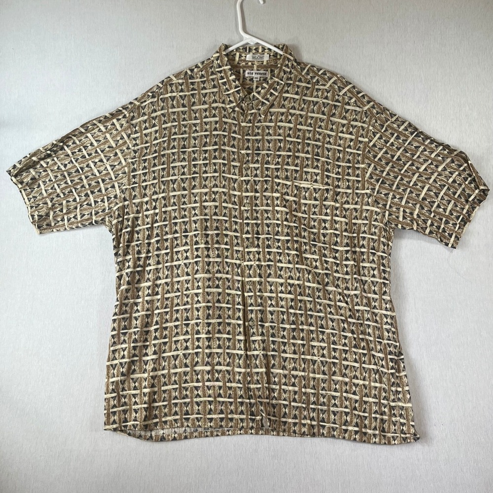Vintage Via Veneto Men XXL Hawaiian Shirt Geometric Rayon Short Sleeve Light 90s